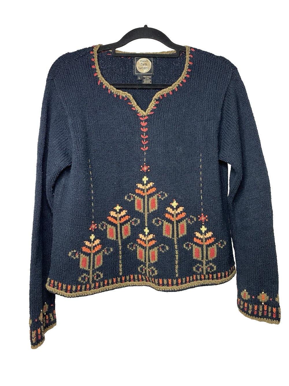 Planet Earth Sweaters Women's Large Hand Loomed Peru Black Geometric 100% Cotton